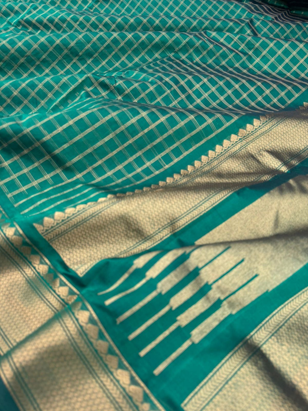 Zari Kissed Silk Cotton -dark leaf green chex silk cotton