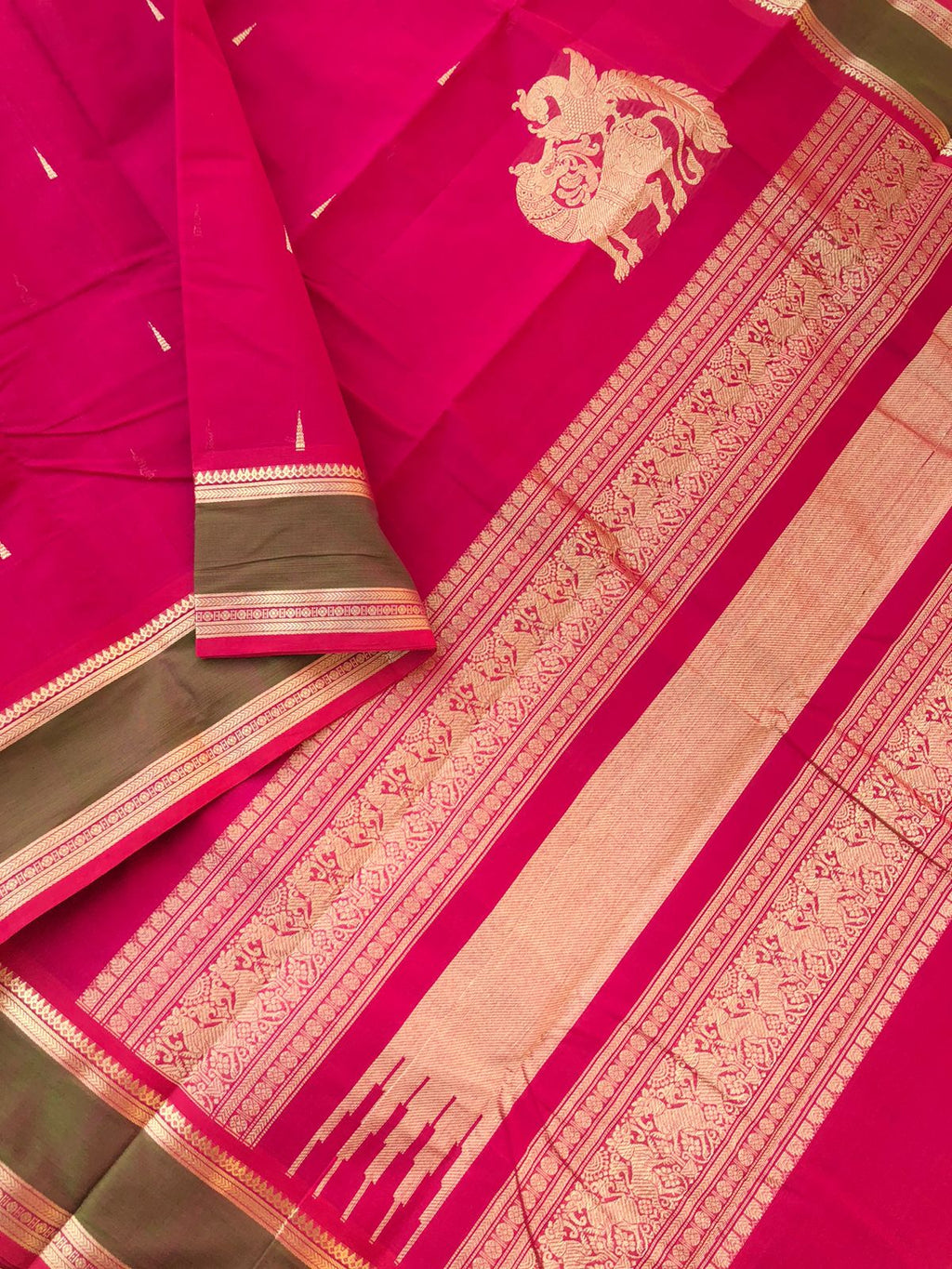 Mangalavastaram - Zari Touched - red short pink corner yali and parrot buttas