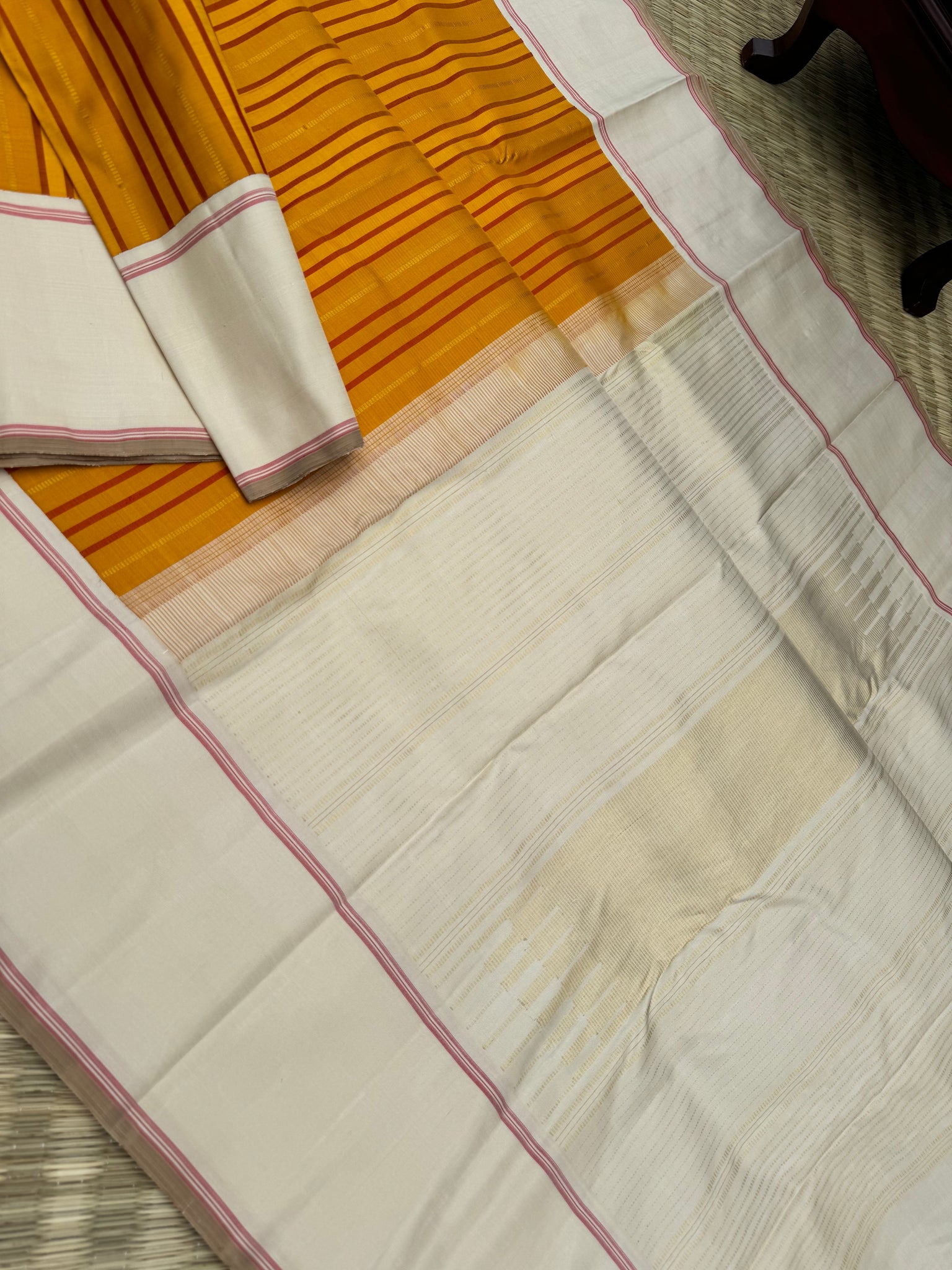 Diwali Edits - Soulful Kanchivaram - absolutely brilliant mustard with red and gold zari strips woven body with off white borders pallu and blouse