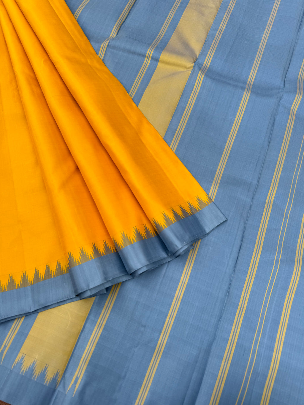 Ekatara - The Rarest Kai Korvai Kanchivarams - golden yellow and grey for people who love small korvai borders