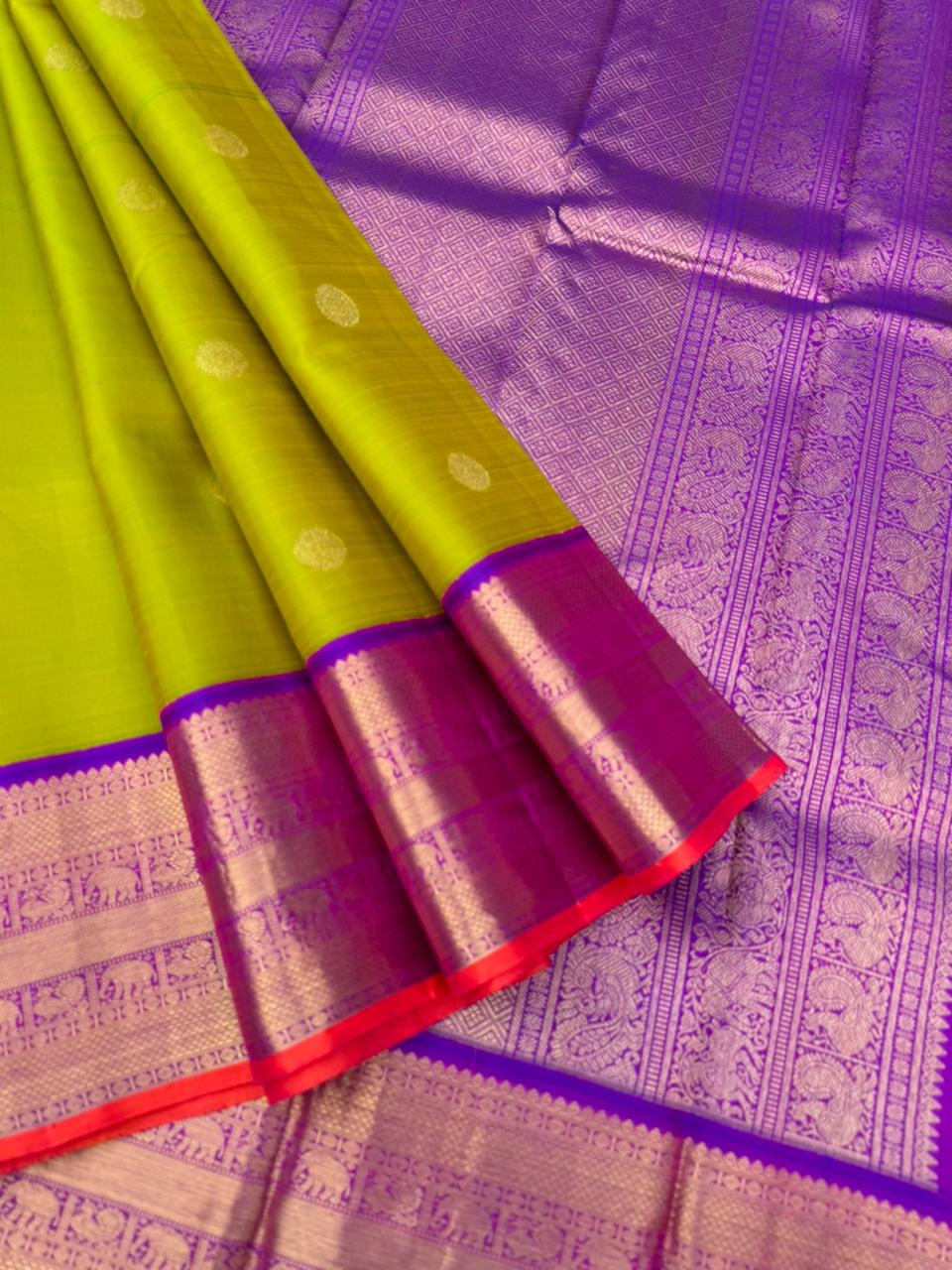 Meenakshi - Heirloom Korvai Kanchivaram - Stunning jewel tone fresh green and violet with sold borders