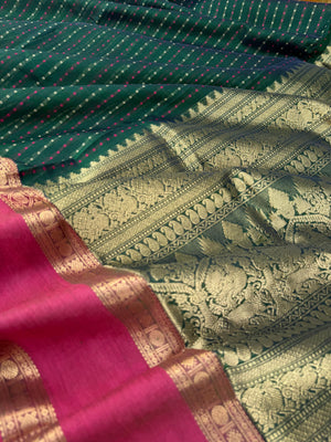 Woven Motifs Silk Cotton - forest lakshadeepam with Ganga jammuna woven borders