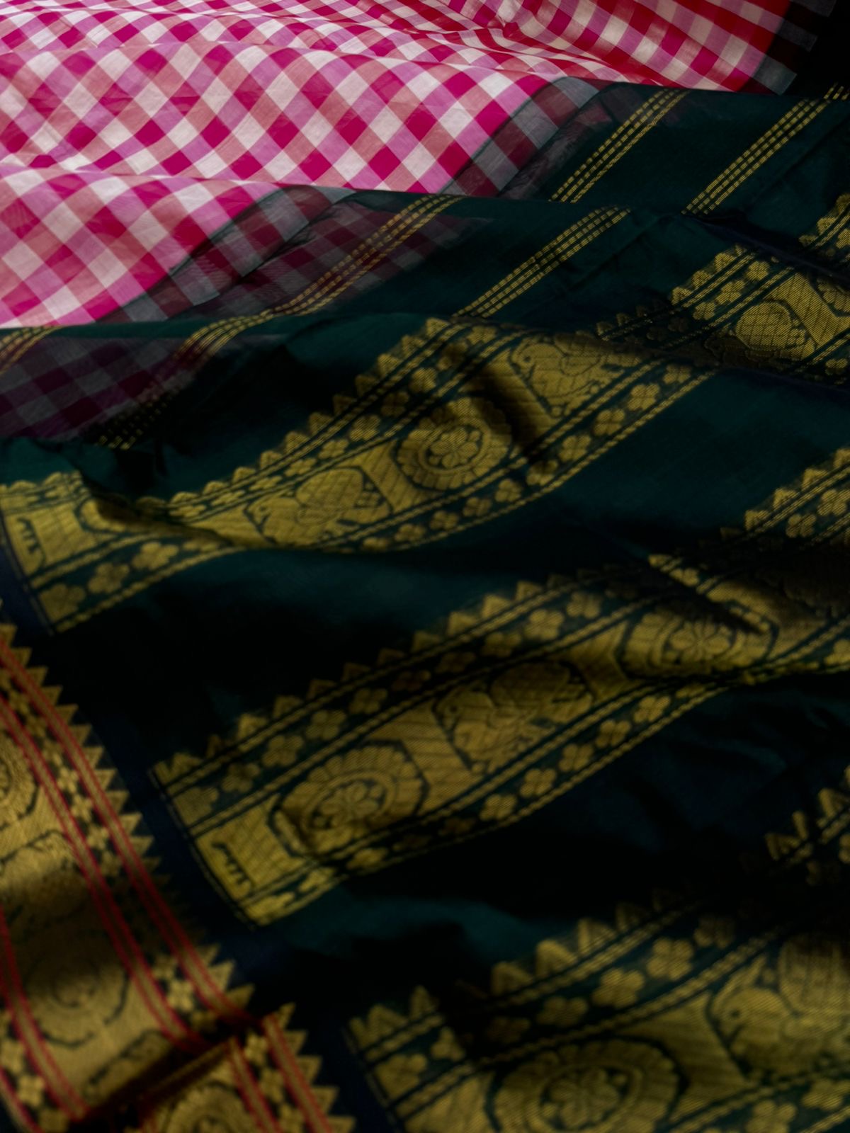 Korvai Silk Cottons - pink and cream kattam with deep forest green Pallu and blouse