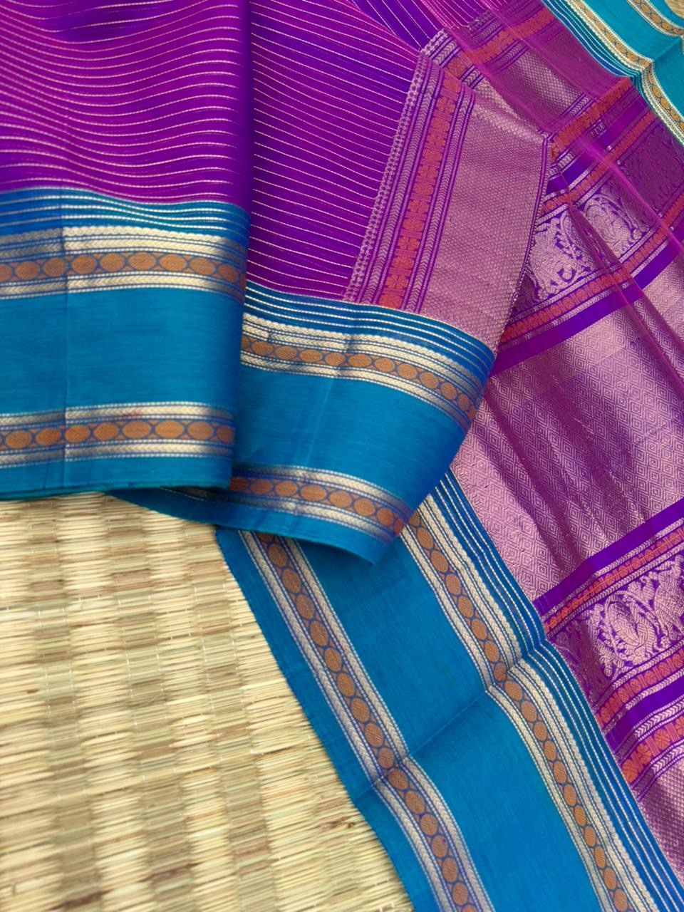 Zari Kissed Silk Cotton - deep purple and burnt blue oosi strips