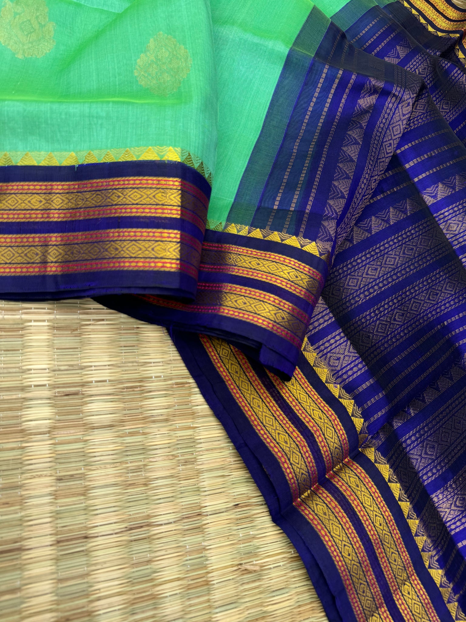 Korvai Silk Cotton - aqua and ink blue with body buttas