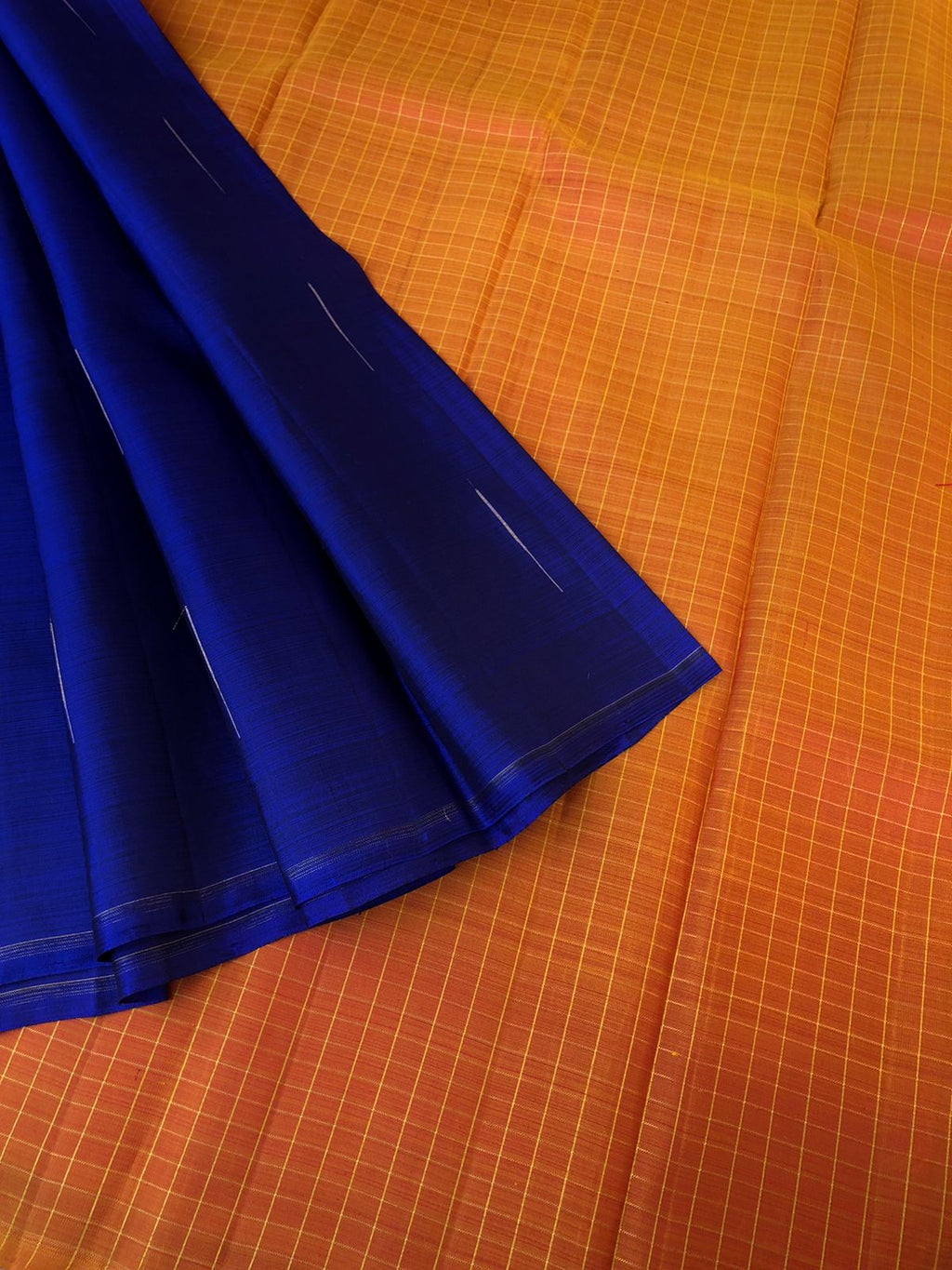 Daily Drape Kanchivarams - deep ink blue malli mokku woven body with sun set orange mustard chex pallu and blouse