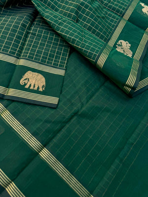 Zari Touched Mangalavastaram - deep green muthukattam with border woven buttas
