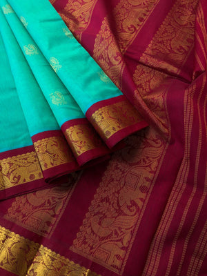 Bliss of Korvai Silk Cottons - dual tone teal and maroon
