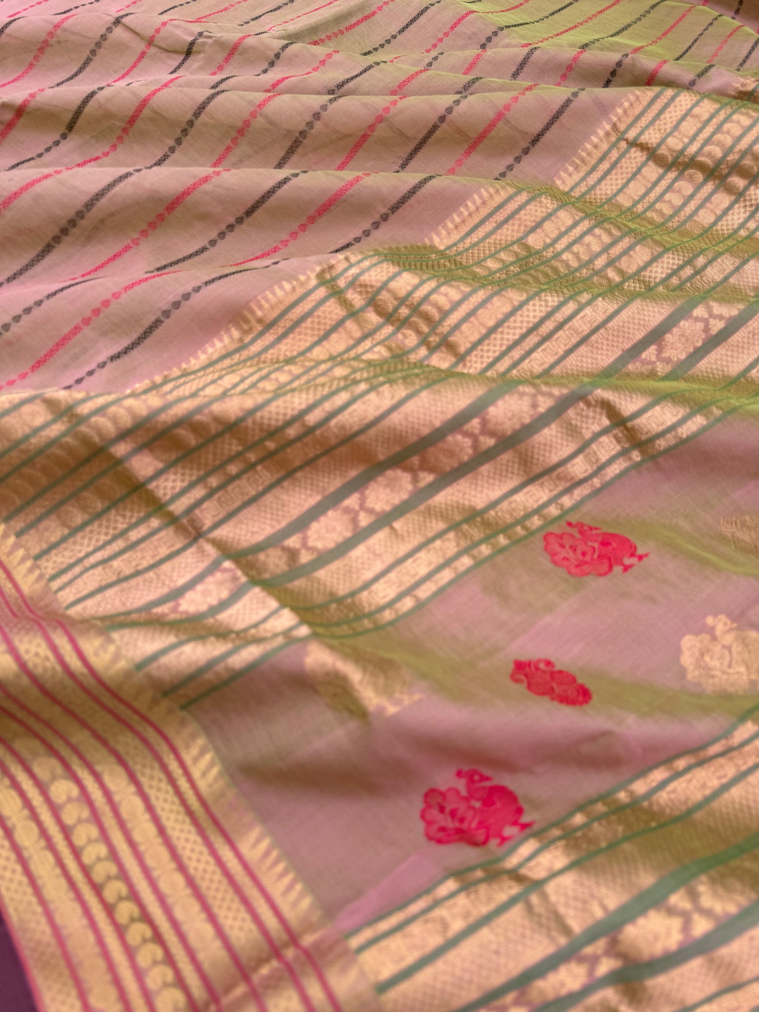 Woven Motifs Silk Cotton - a pastel green mixed with pastel baby pink vertical veldhari