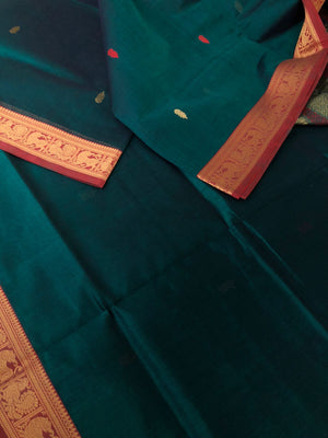 Zari Kissed Silk Cottons - deep dark forest green with small yali and annapakshi woven borders