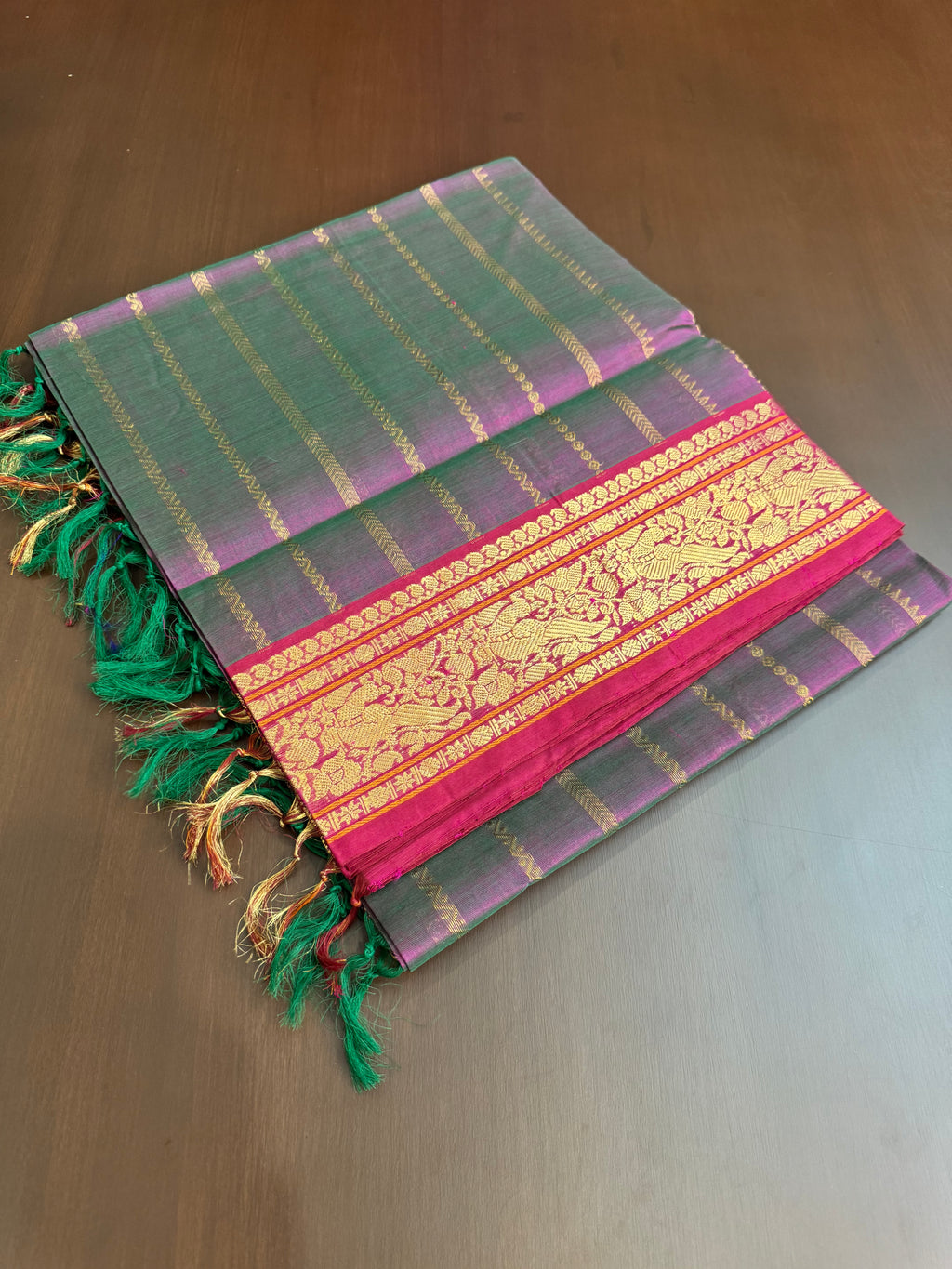 Vertical Veldhari on Zari Kissed Silk Cotton - pink mixed green we get a unusual colour like this
