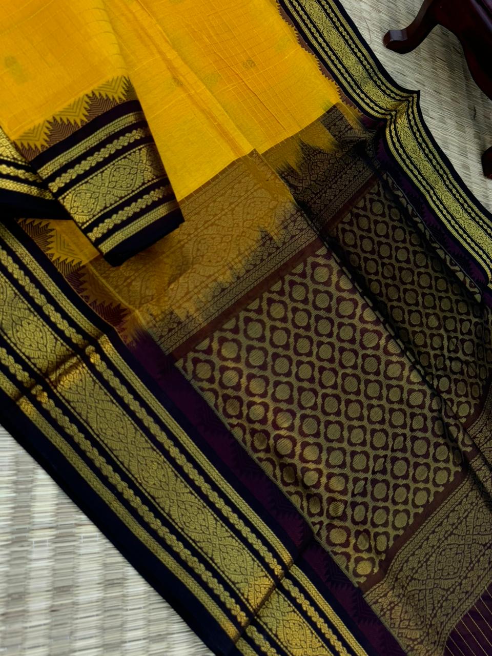 Korvai Silk Cottons - golden yellow zari kattam and coffee