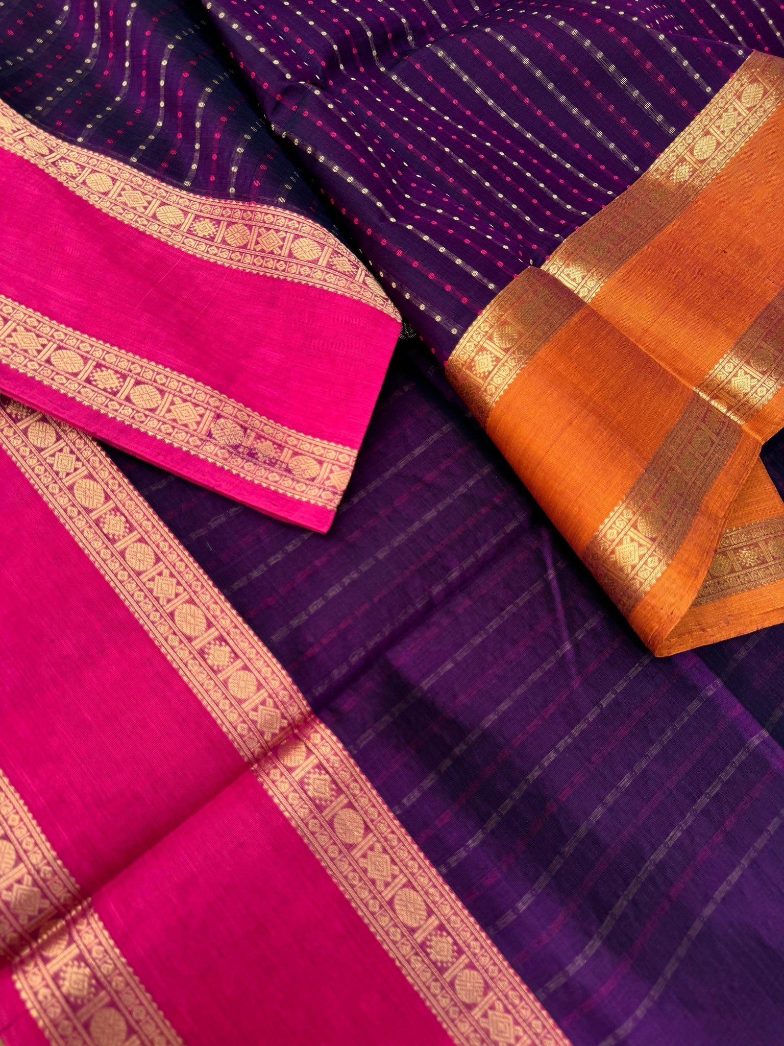 Woven Motifs Silk Cotton - deep purple lakshadeepam with ganga jammuna woven borders