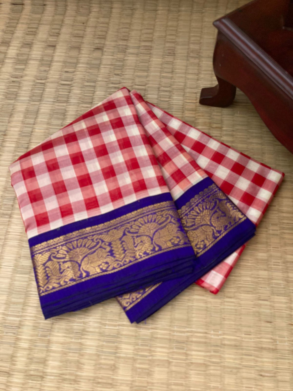Paalum Palamum Kattams Korvai Silk Cottons - off white and deep red with deep ink blue