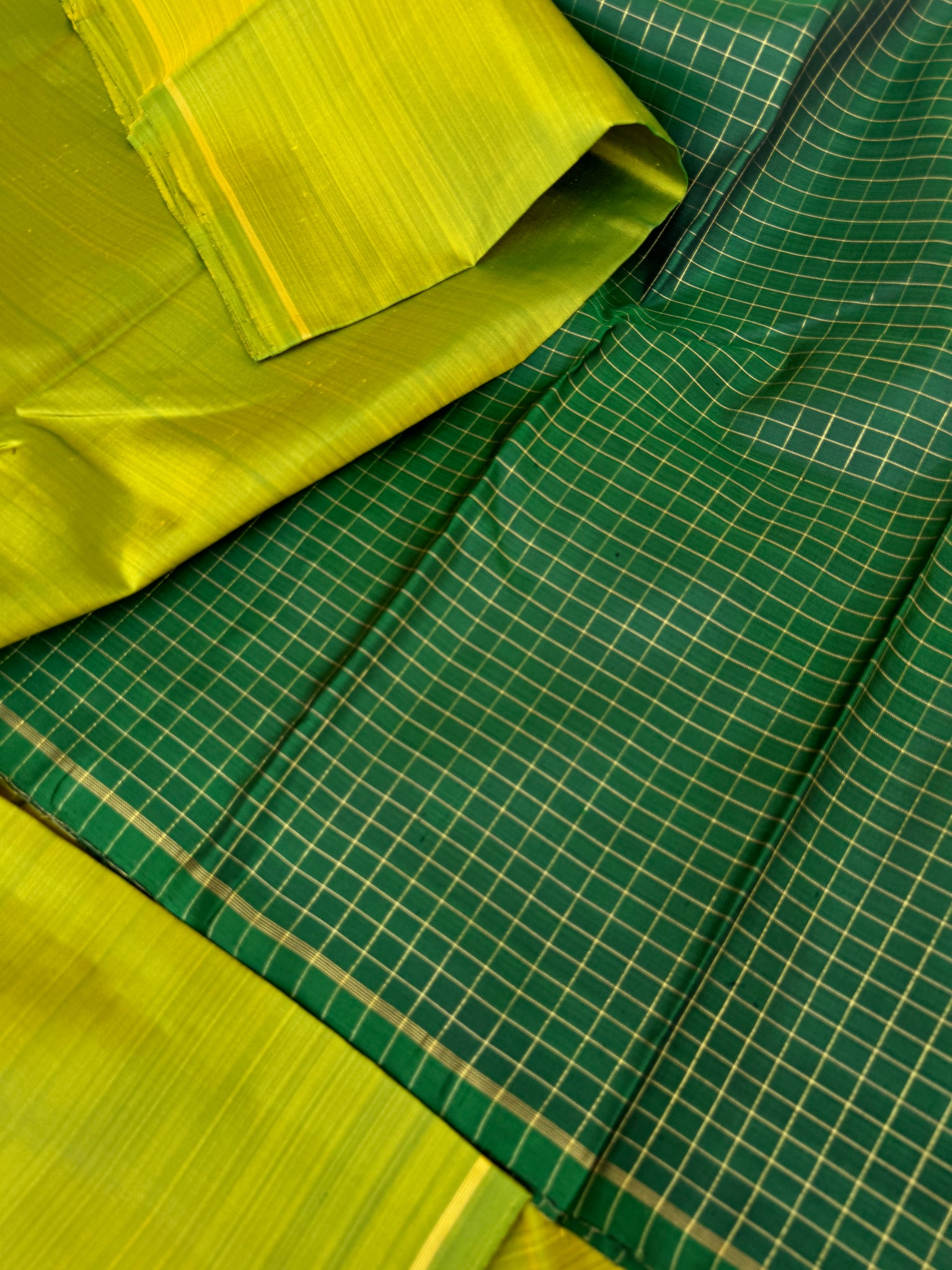 Contrast Play Kanchivarams - mustard mixed green a kind of fresh algae green on deep meeenakshi green kattam pallu and blouse