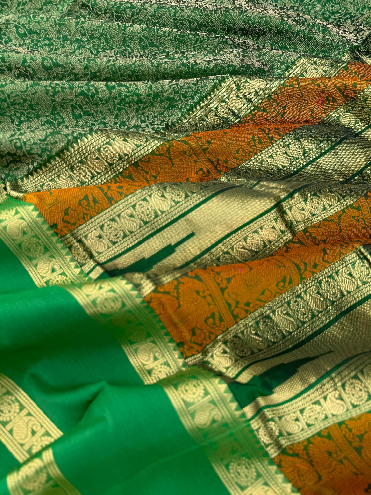 Woven Motifs Silk Cotton - dark green vanasingaram