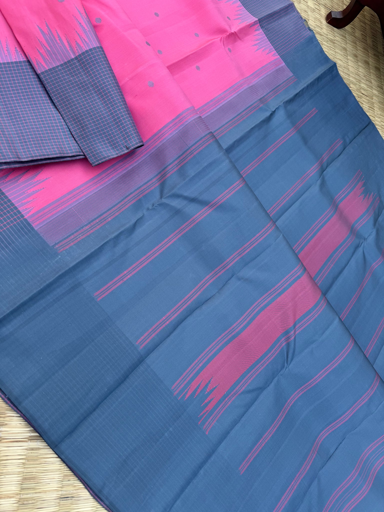 Ekatara - The Rarest Kai Korvai Kanchivarams - a stunning candy pink and bluish grey with chex borders and buttas woven body