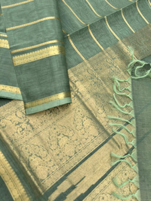 Zari Kissed Silk Cotton - burnt elachi green veldhari