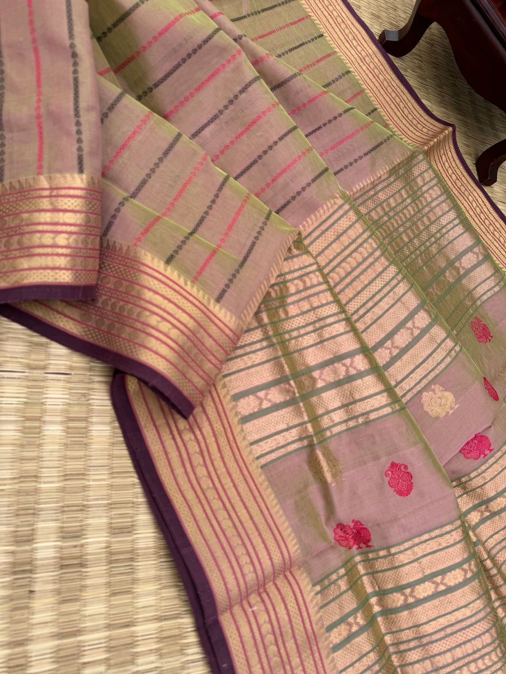 Woven Motifs Silk Cotton - a pastel green mixed with pastel baby pink vertical veldhari