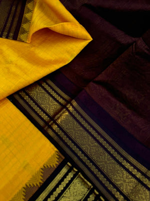 Korvai Silk Cottons - golden yellow zari kattam and coffee