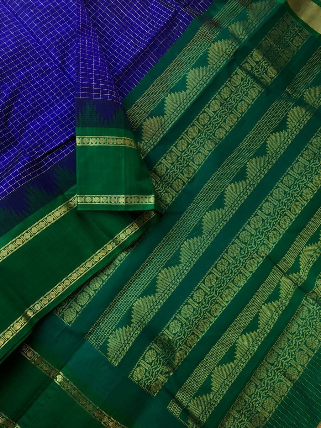 Kattams on Korvai Silk Cotton - deep ink blue and Meenakshi green zari kattam