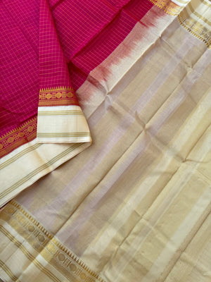 Korvai Silk Cotton - reddish pink zari kattam with off white borders