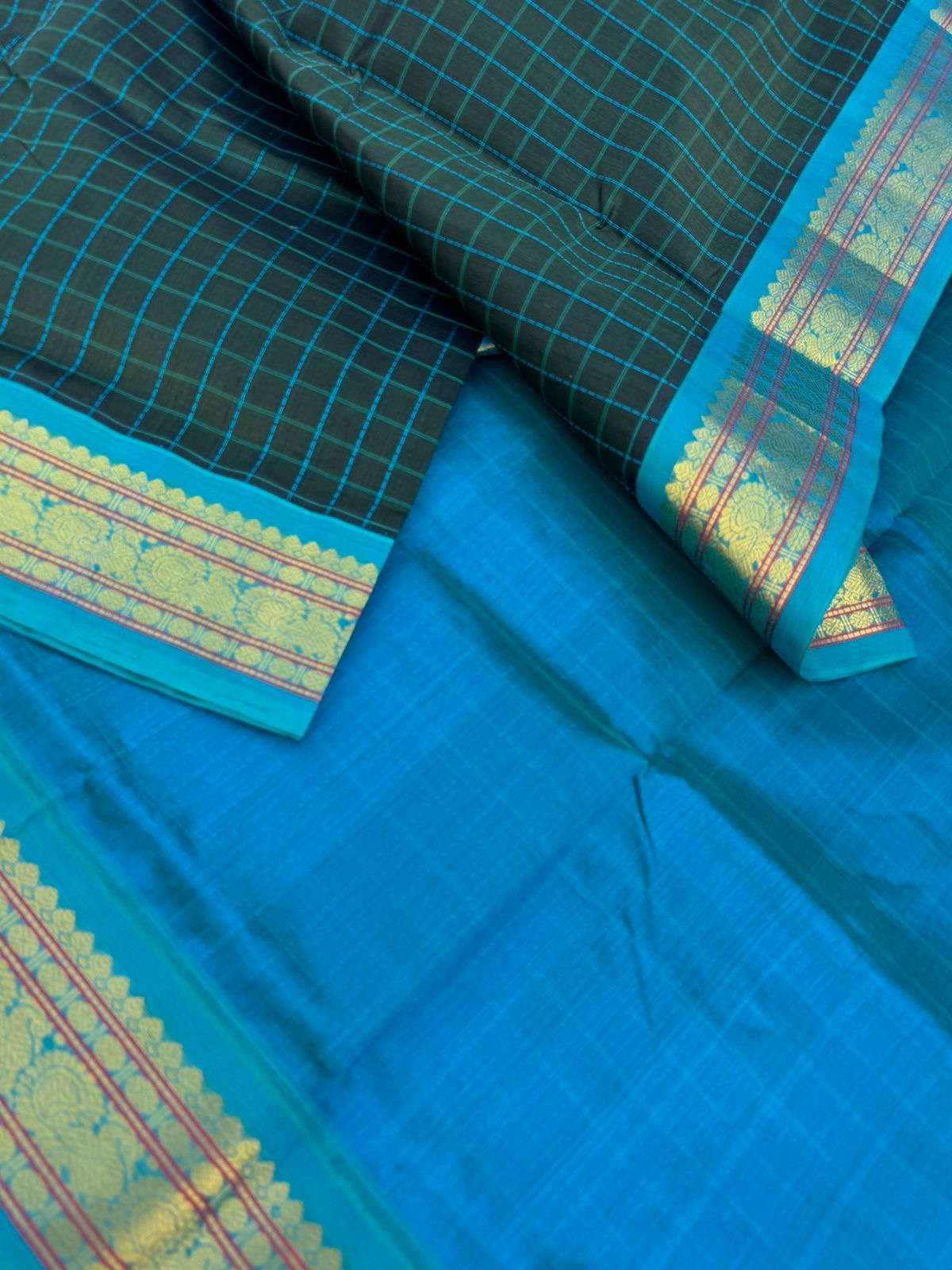 Korvai Silk Cottons - burnt green and sulphur blue