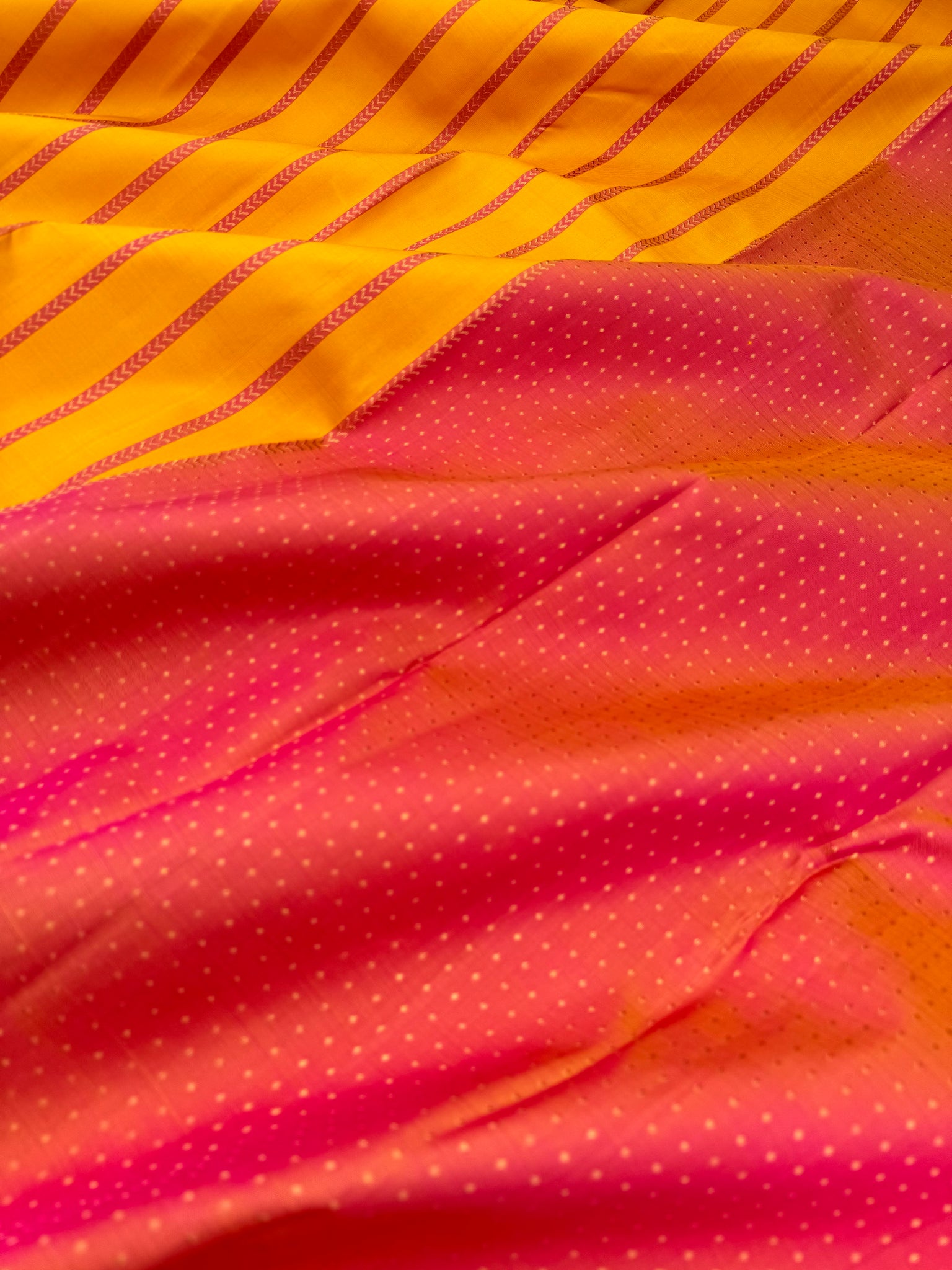 Album Untouched - a stunning yellow vertical veldhari woven body with dual tone peach grand zari woven pallu and blouse