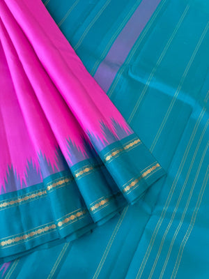 Art of Kai Korvai Kanchivaram - candy pink and teal with retta pett woven borders