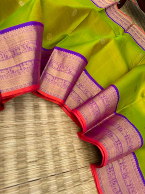 Meenakshi - Heirloom Korvai Kanchivaram - Stunning jewel tone fresh green and violet with sold borders