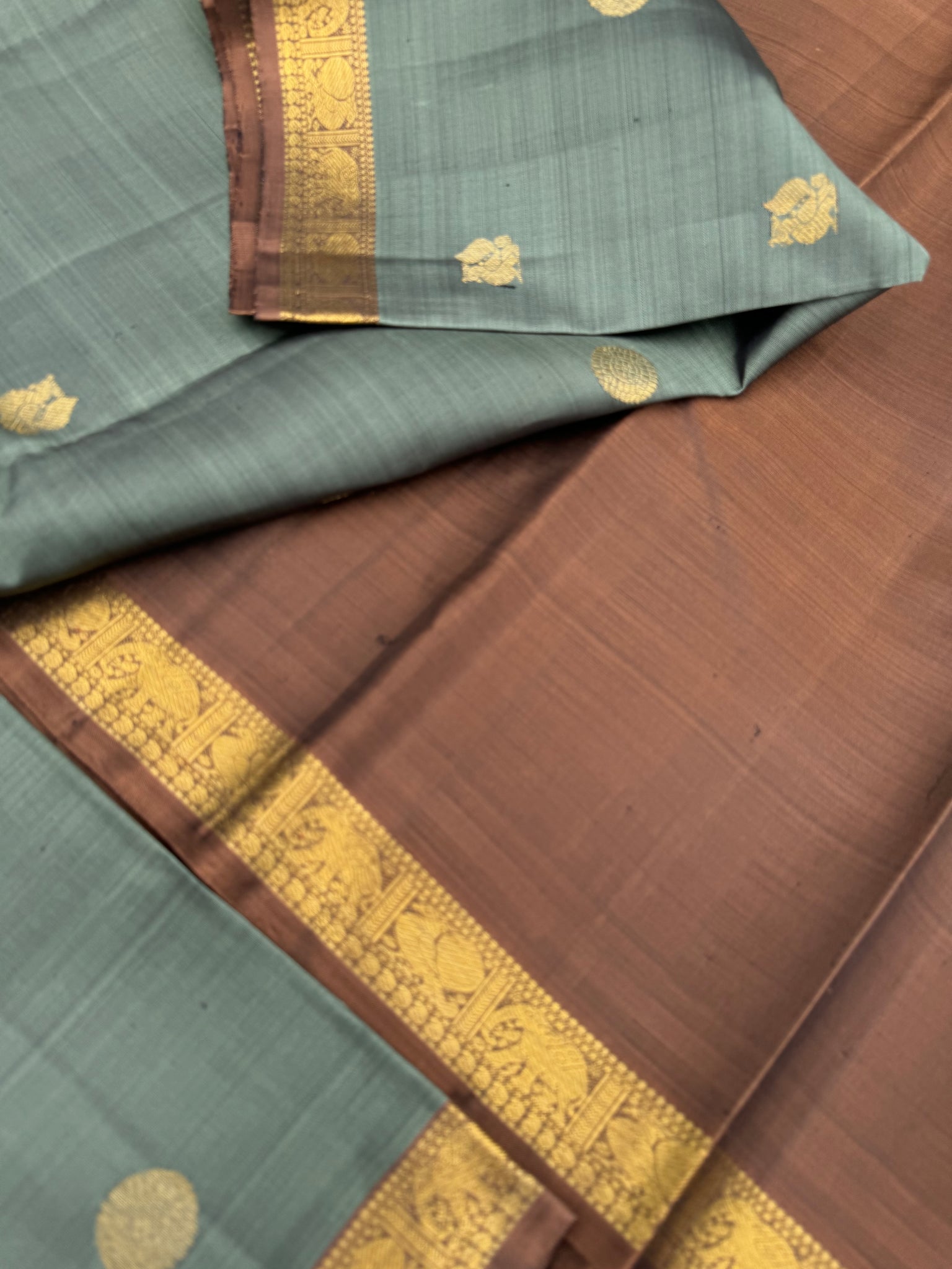 Leela - The bliss of small border Kanchivarams - unusual beige grey and a chocolate