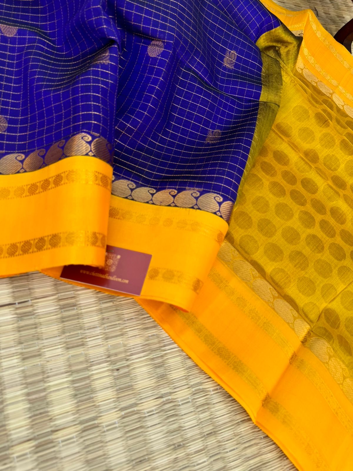 Korvai Silk Cottons - ink blue zari kattam with mustard