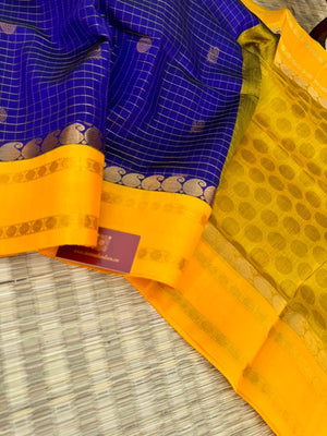 Korvai Silk Cottons - ink blue zari kattam with mustard