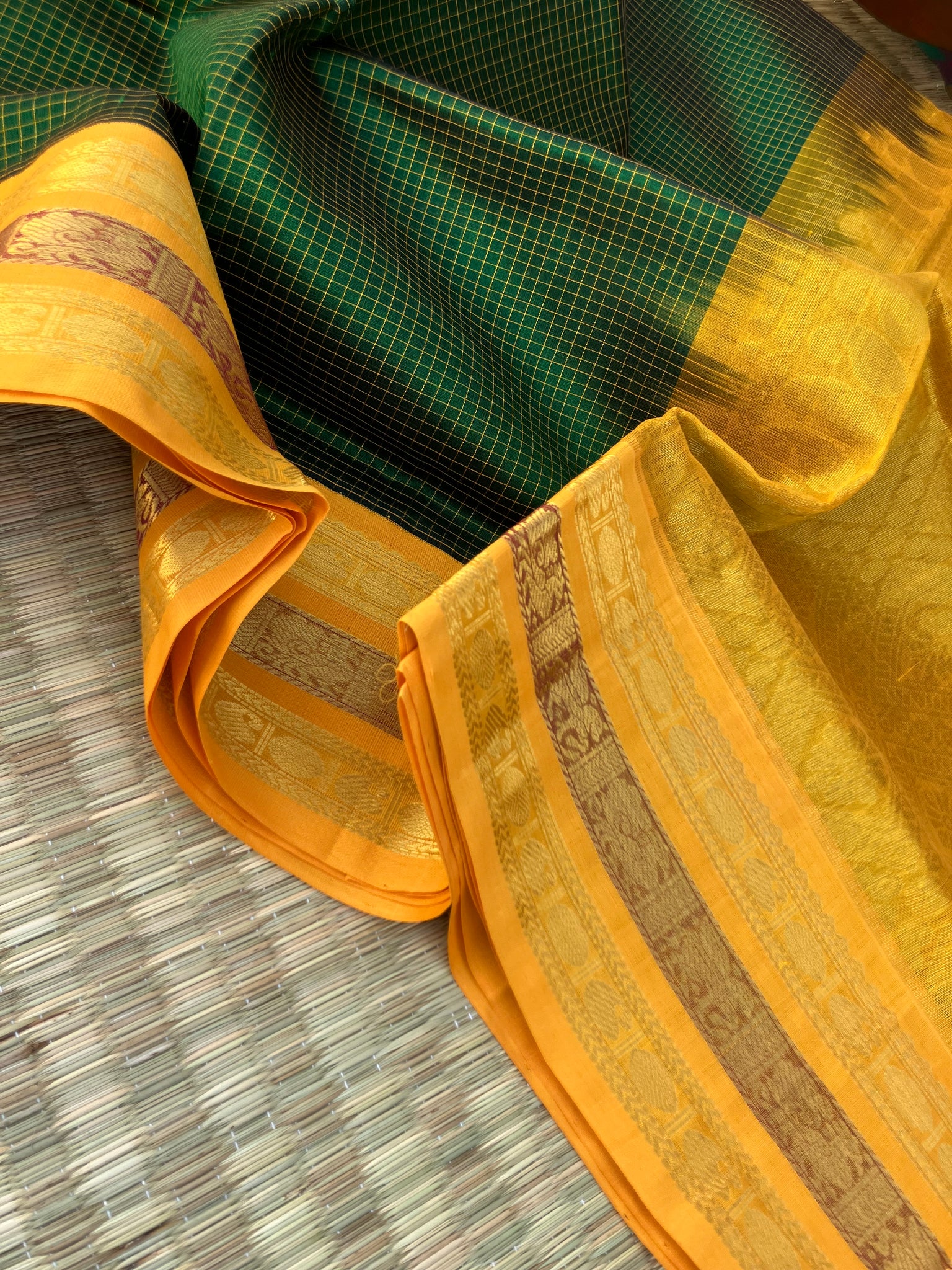 Korvai Silk Cotton - deep algae green and golden mustard zari kattam