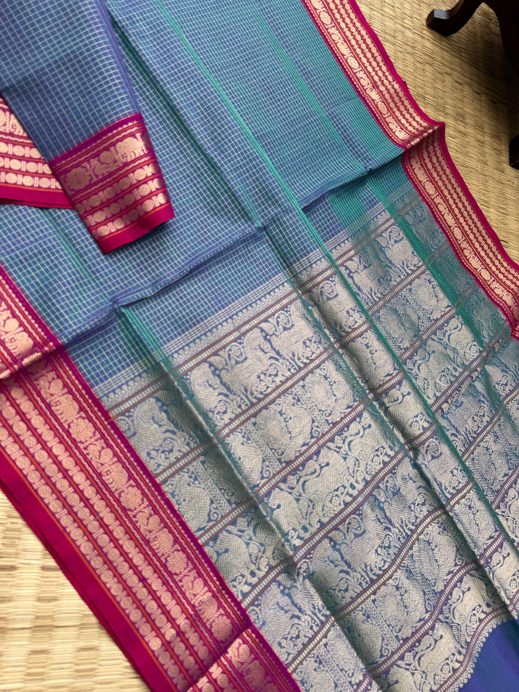 Zari Kissed Silk Cotton - dual tone teal and blue vairaoosi kattam