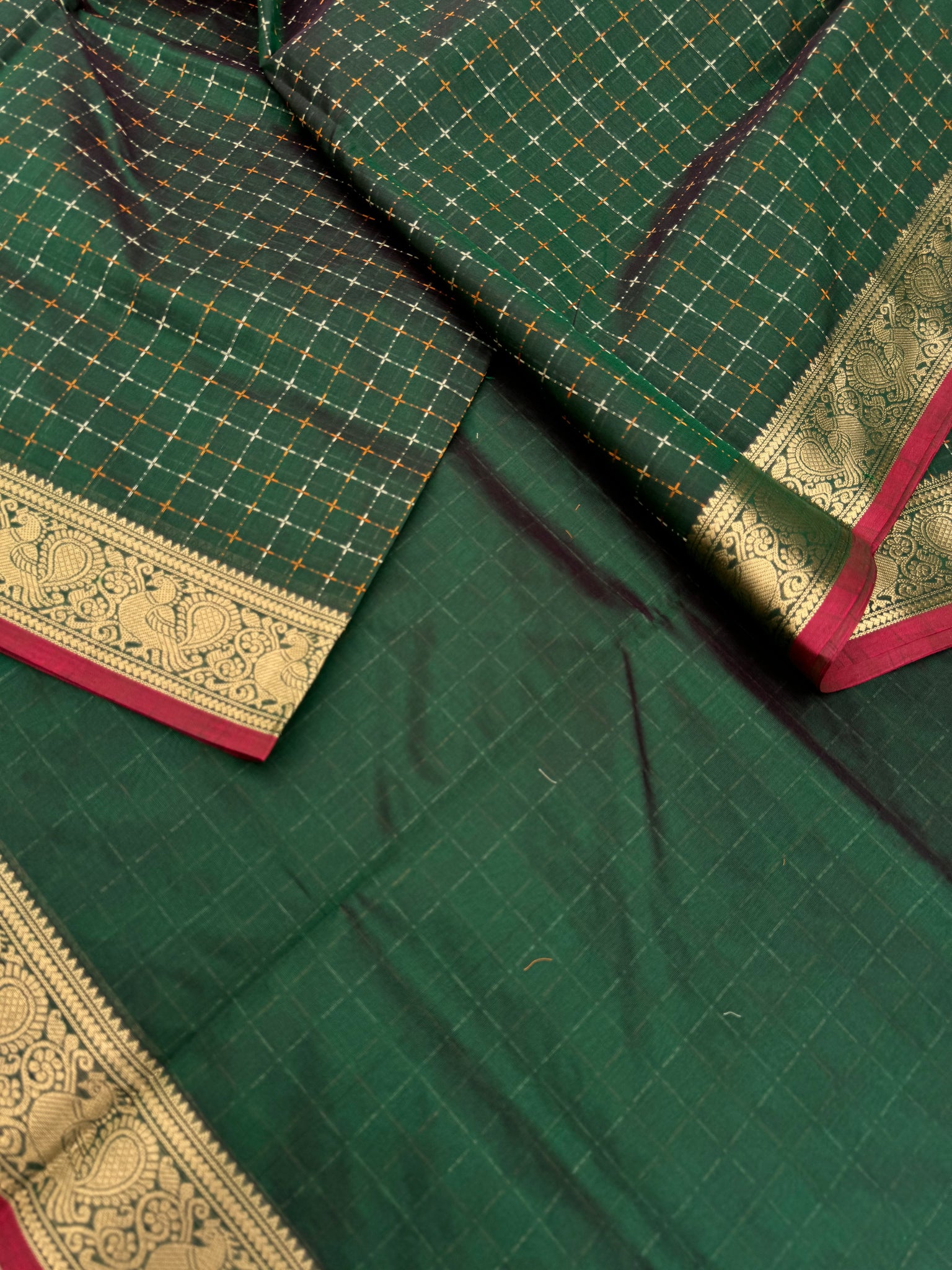 Woven Motifs Silk Cotton - deep dark Meenakshi green pluse buttas