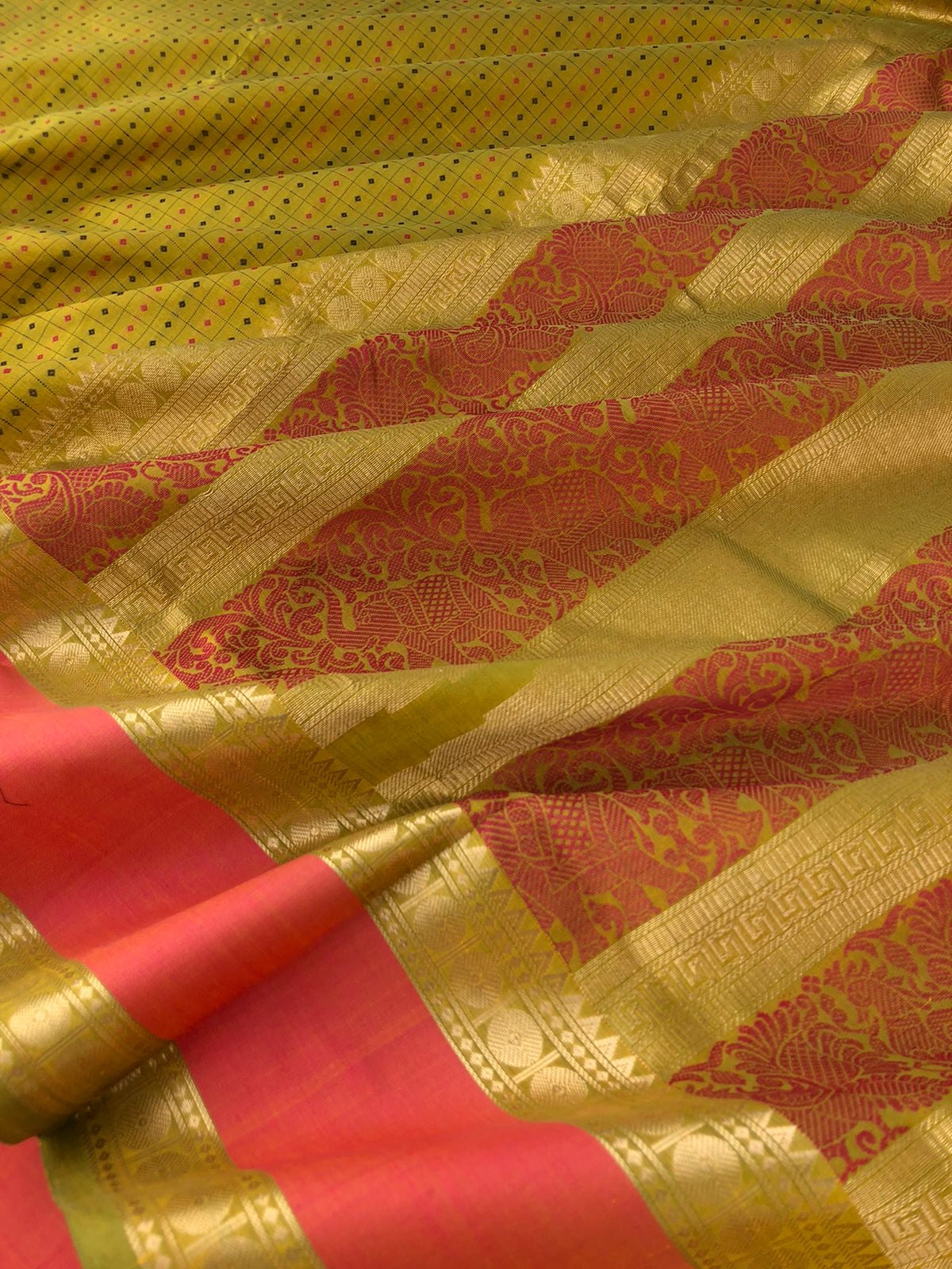 Woven Motifs Silk Cottons - stunning green Lakshadeepam