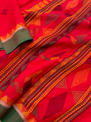 Woven Motifs Silk Cotton - chilly red bomkai