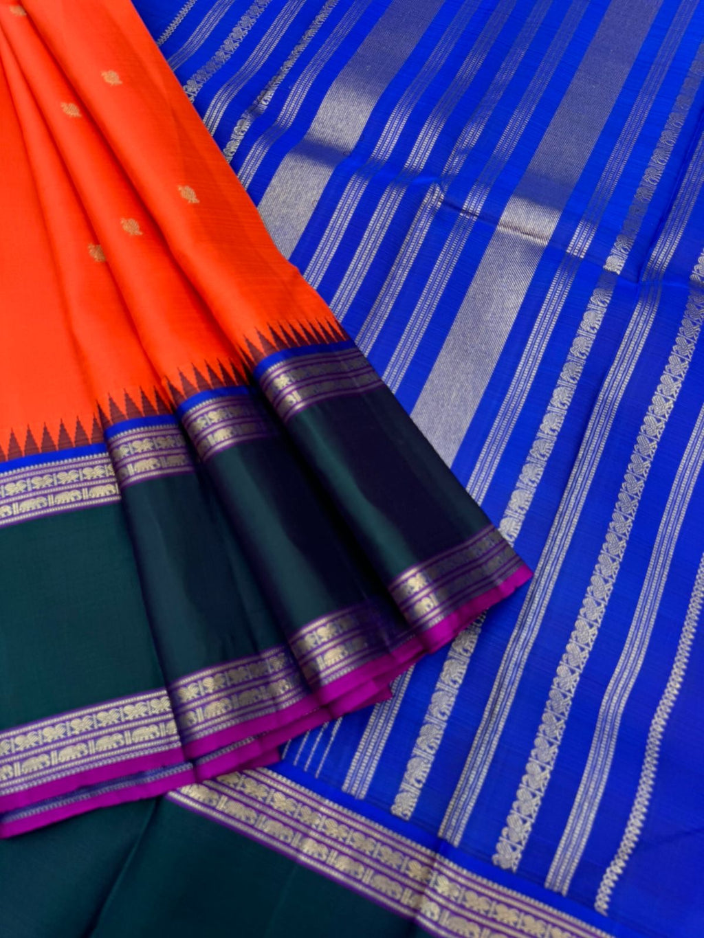The Korvai Vibes - Authentic Korvai Kanchivaram - gorgeous orange body and forest green borders with royal blue intricate pallu and blouse