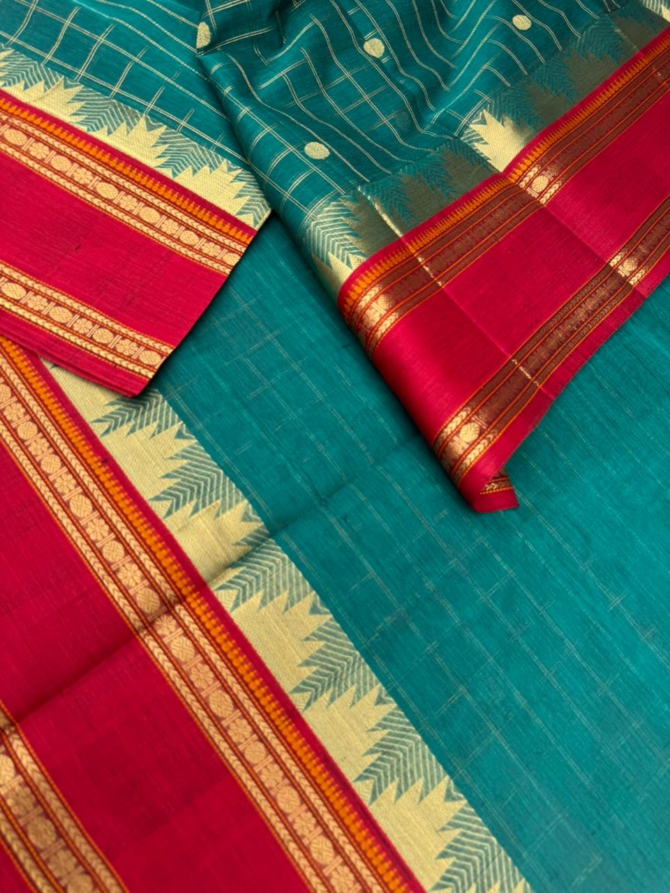 Zari Kissed Silk Cotton - unusual burnt blue with all traditional elements kattam buttas thalampoo retta pett borders