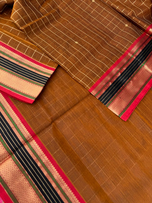 Zari Kissed Silk Cotton - rust chocolate brown with muthu koortha buttas