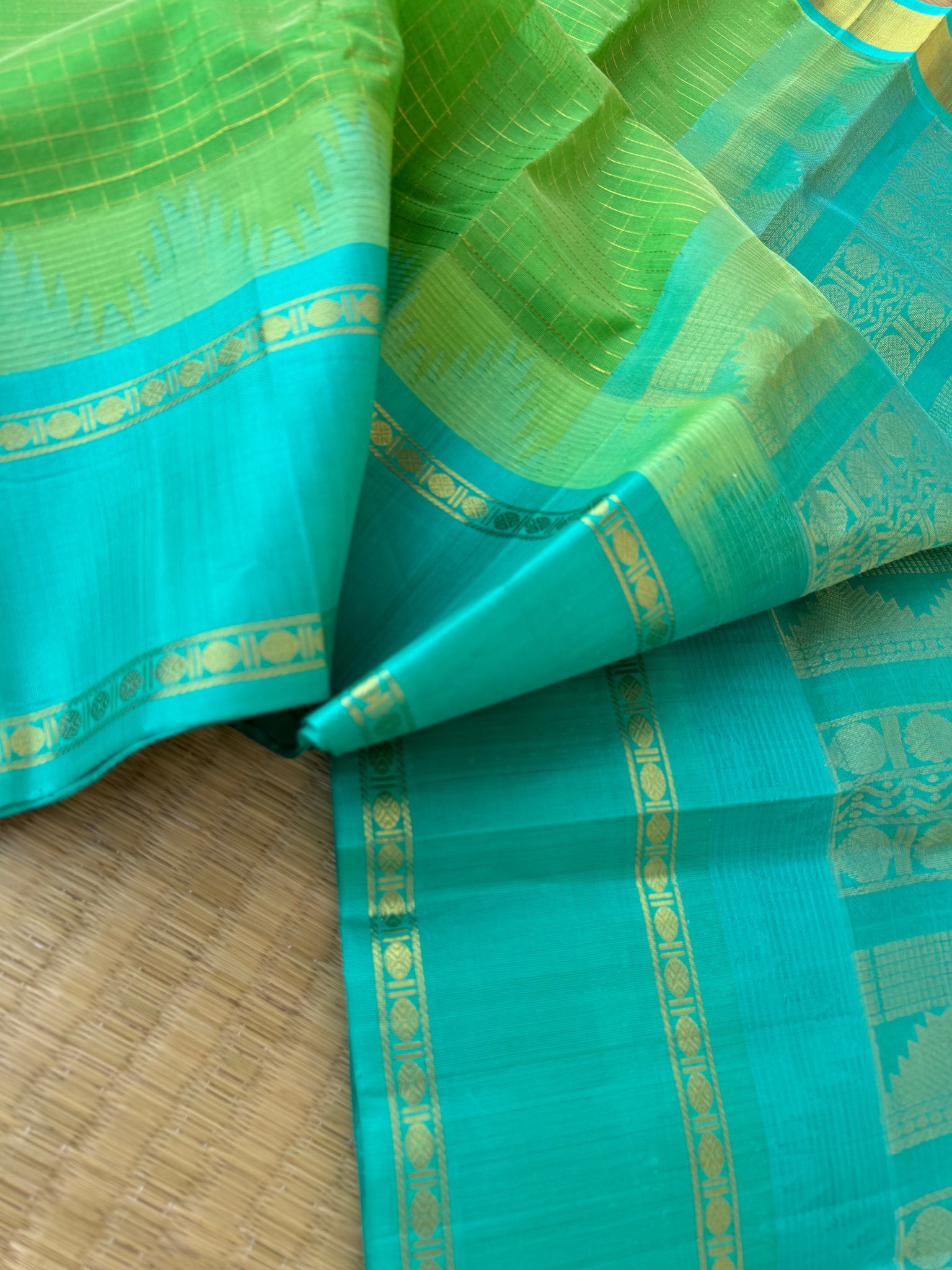 Korvai Silk Cotton - pale green and blue zari kattam