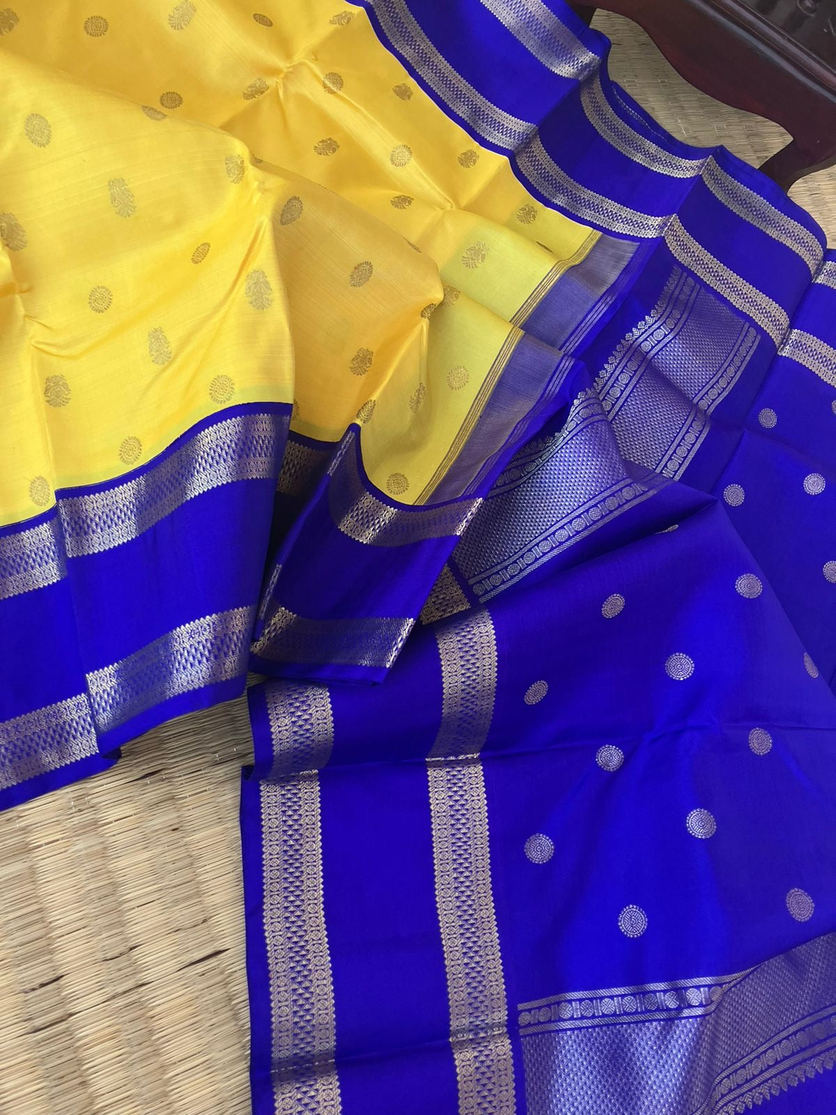 Meenakshi - Kanchivaram for Every Occasion - lovely lemon yellow and ms blue korvai Kanchivaram