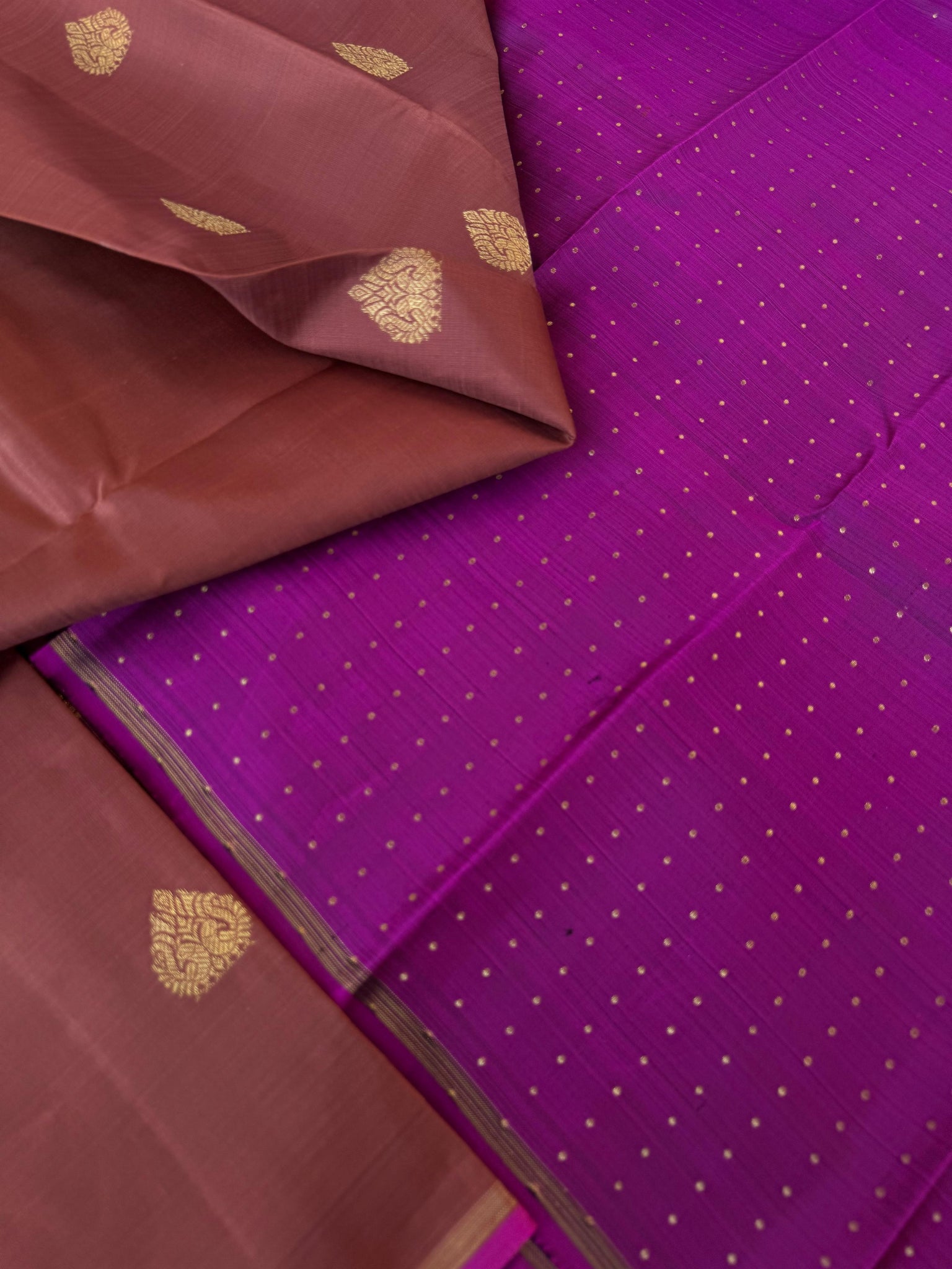 Molten Metallic Kanchivaram - Limited Edition | earthy brown and majentha borderless Kanchivaram with majenta buttas woven blouse
