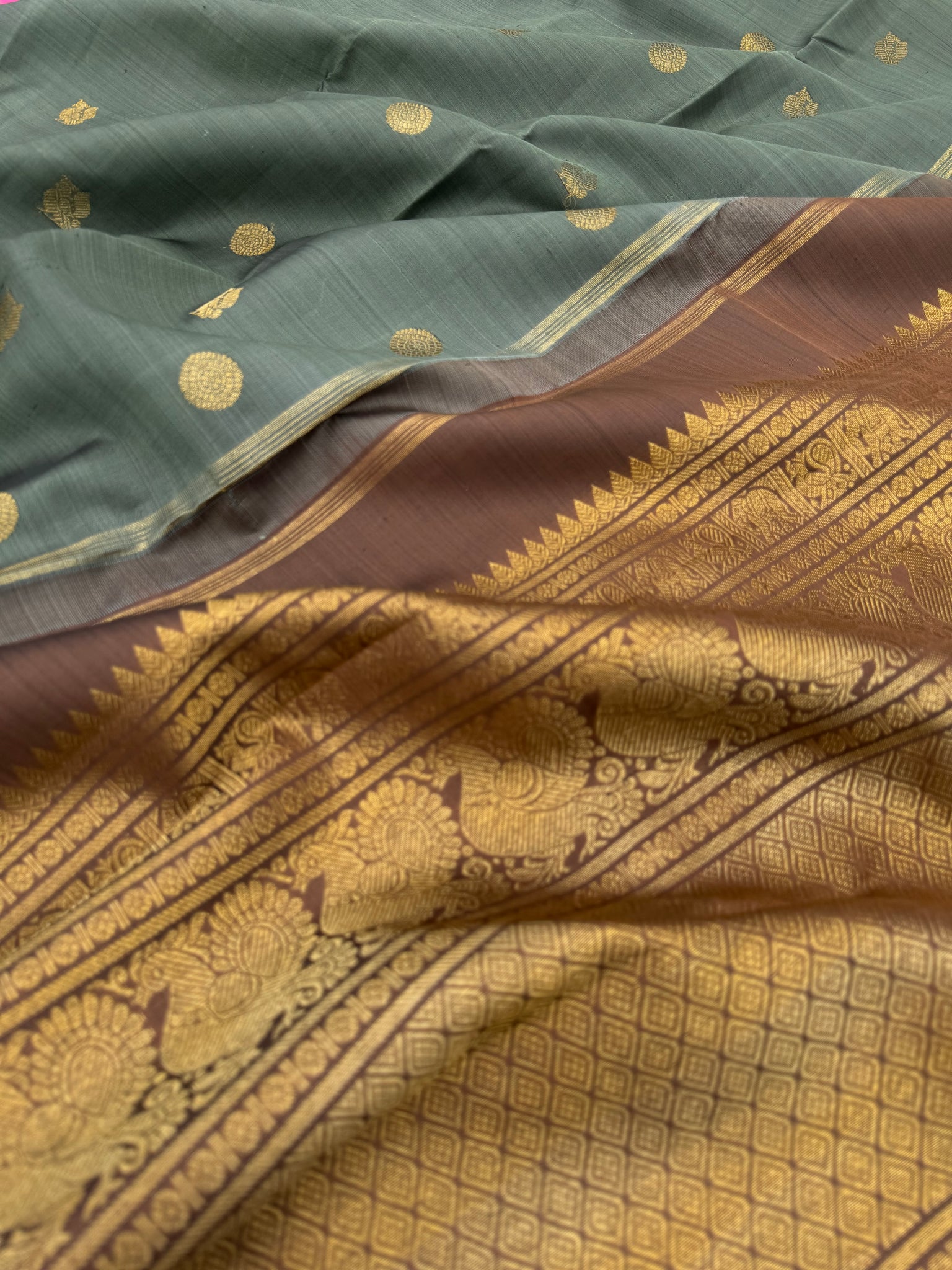 Leela - The bliss of small border Kanchivarams - unusual beige grey and a chocolate