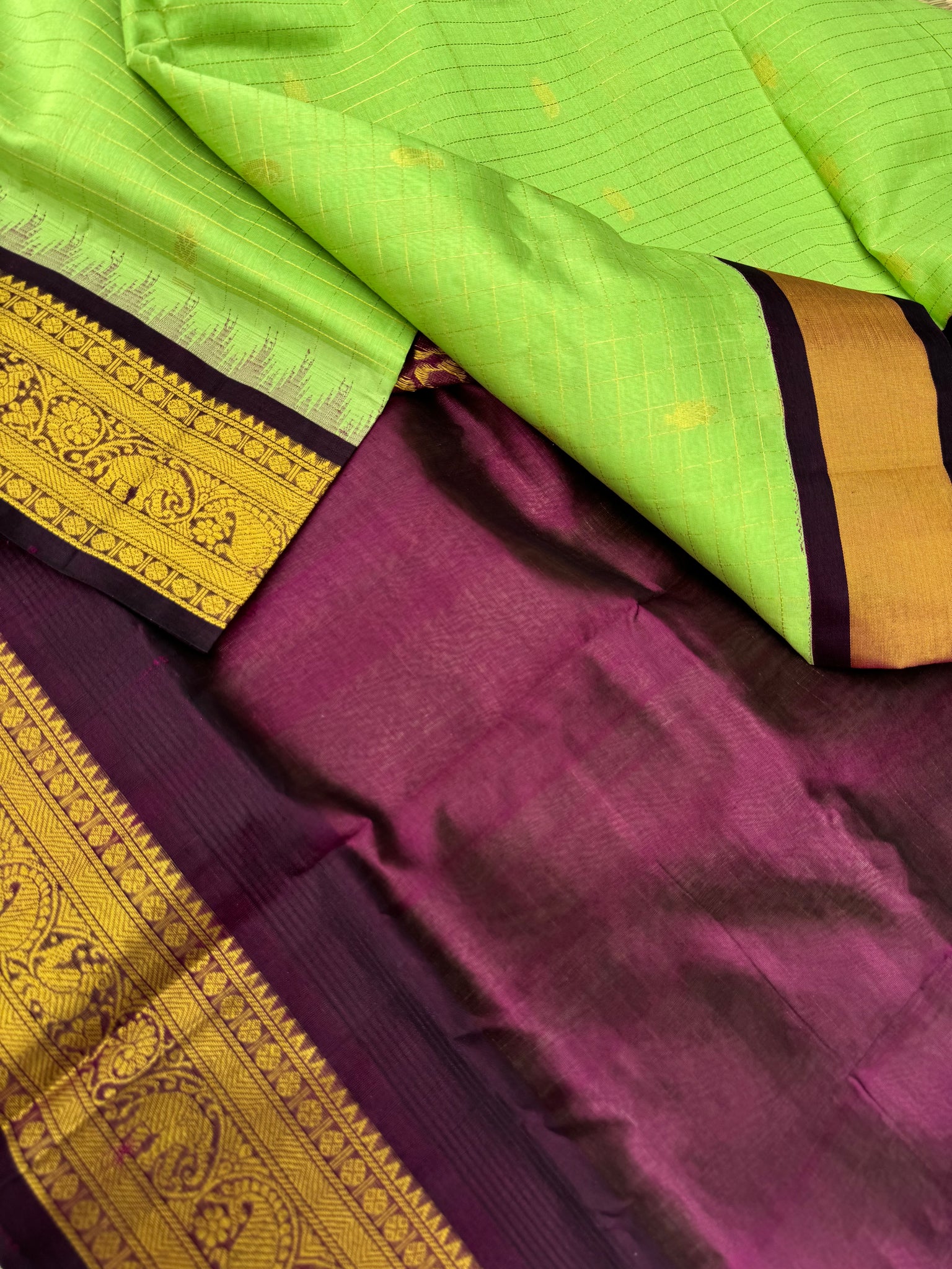 Korvai Silk Cotton - pista ice cream zari kattam buttas with coffee bean brown