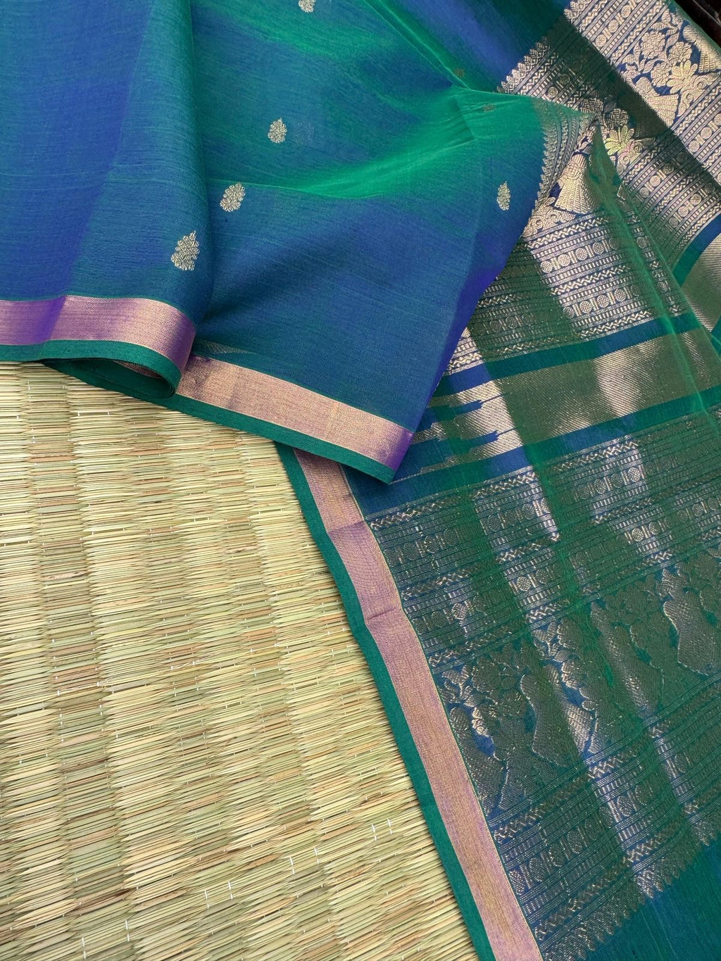 Zari Kissed Silk Cotton - perfect dual tone peacock blue green for people who love small borders
