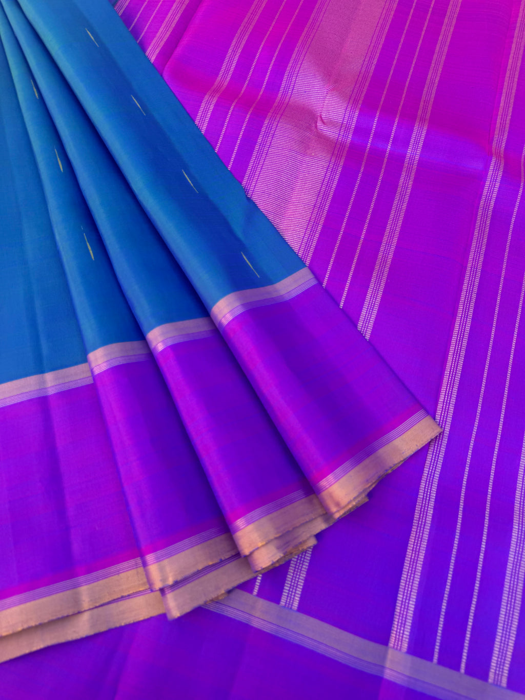 Diwali Edits - Kanchivaram For All Occasions - a perfect dual tone peacock blue green with violet pallu and blouse with rain drops woven buttas
