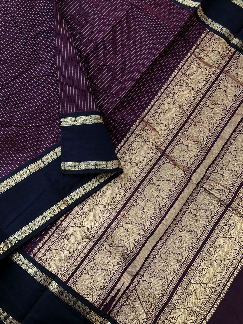 Mangalavastaram - Zari Touched - unusual deep dark black purple vertical muthiah stripes woven body with fish pett woven borders