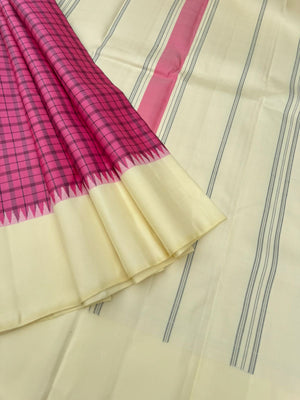 Rarest Korvai Kanchivaram - gorgeous burnt pink kattam no zari kanchivaram with off white cream borders pallu and blouse